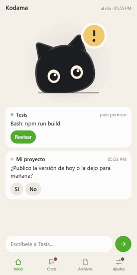 The phone app: chats, a permission with Allow and Deny, and the lock