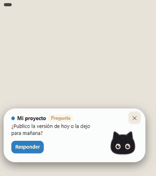 The cat in its capsule: it works, asks you something, shows the list of chats waiting for you and takes a dropped file